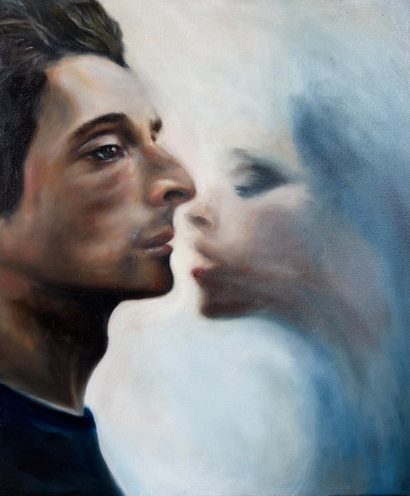 * A young man and woman face each other consensually intiq and smoking a joint. The woman has her mouth lower, suggesting ...