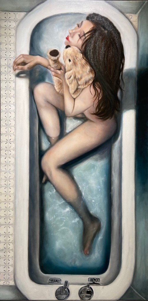 ( The painting depicts a woman with long, dark hair, sitting naked in a boiling bathtub holding a dog and an unidentifiabl...